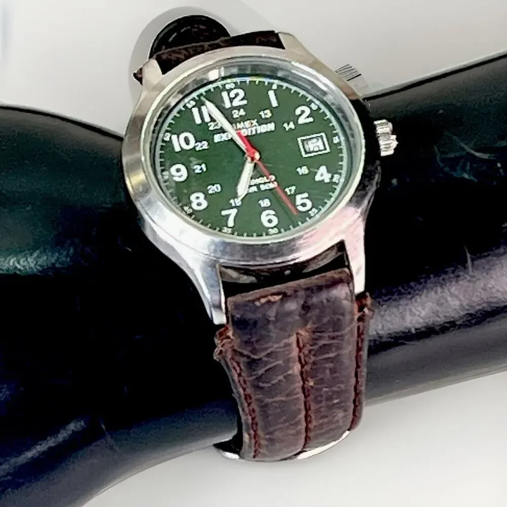 Timex Expedition Mens Watch 36mm Green Dial Leather Indiglo Date *Needs Battery